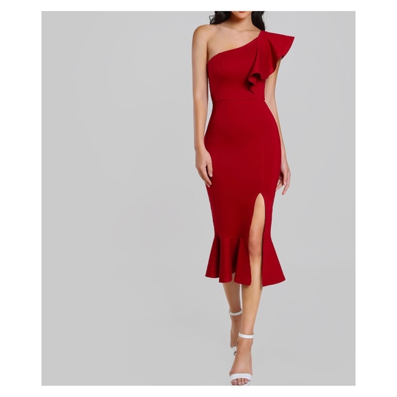 MBM Unlimited Dresses & Skirts - Red One Shoulder Ruffle Bodycon Midi Dress